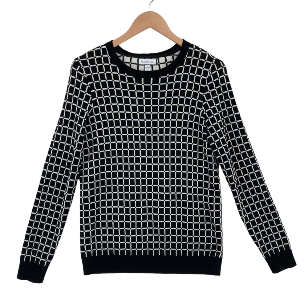 Charter Club Sweater Womens Small Black Check Long Sleeve Crew Neck Pullover